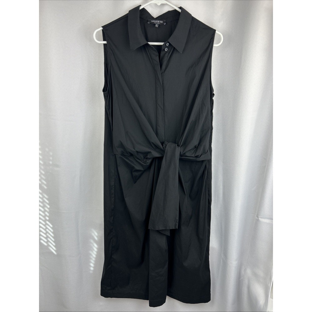 Lafayette 148 Black Shirt Dress Sleeveless Collared Tie Waist Stretch Size 12